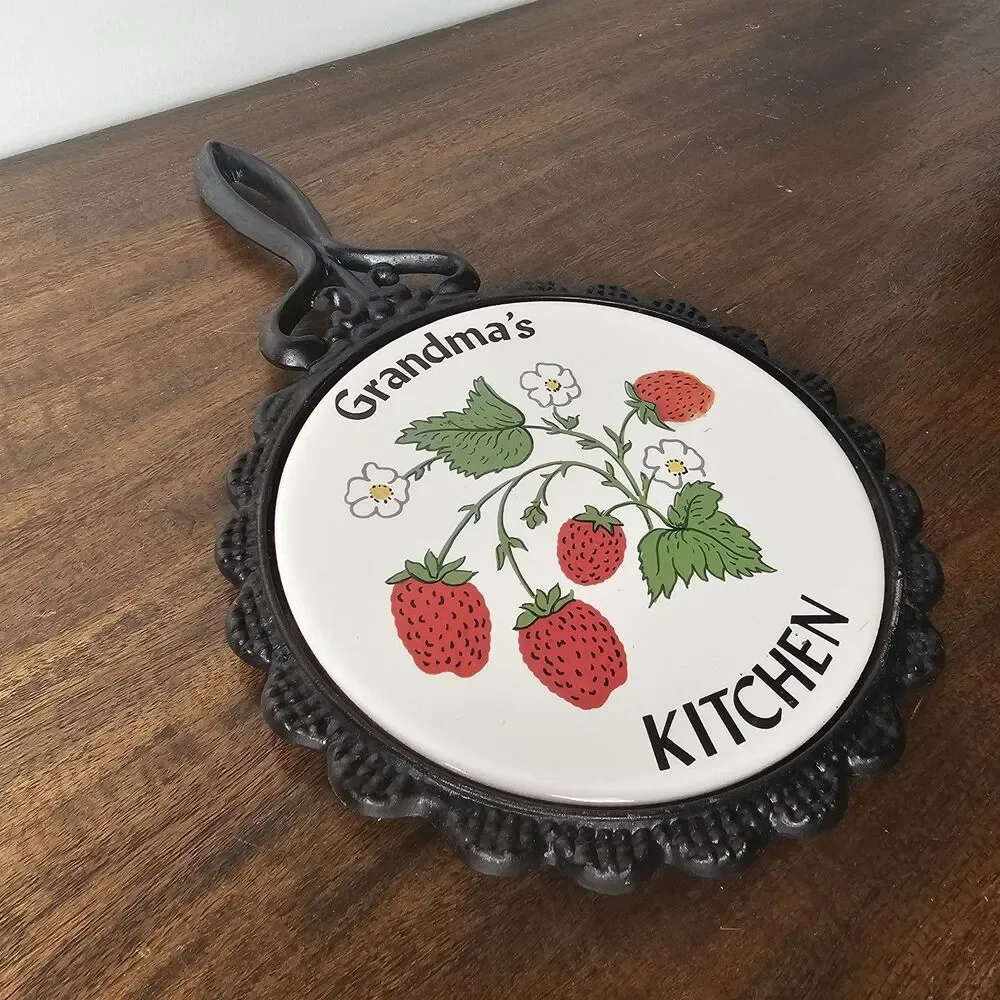 Vintage Grandma’s Kitchen Strawberry Cast Iron & Ceramic Trivet
